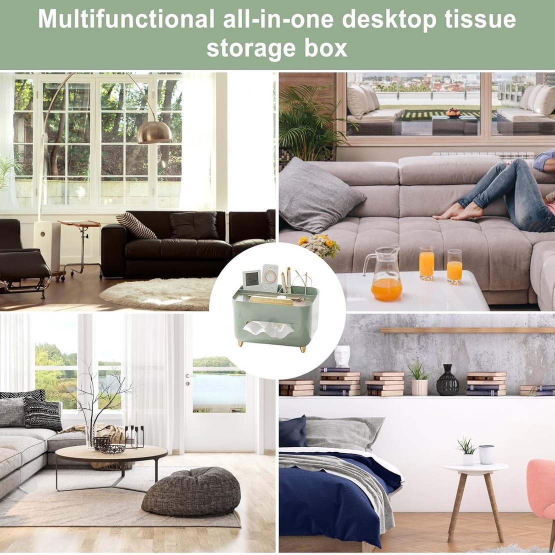 Suport pentru Servetele, Flippy, Cutie Multifunctionala, Design Minimalist, ABS, cu Suport pentru Obiectele Personale, pentru Birou, 21x15x13 cm, Verde