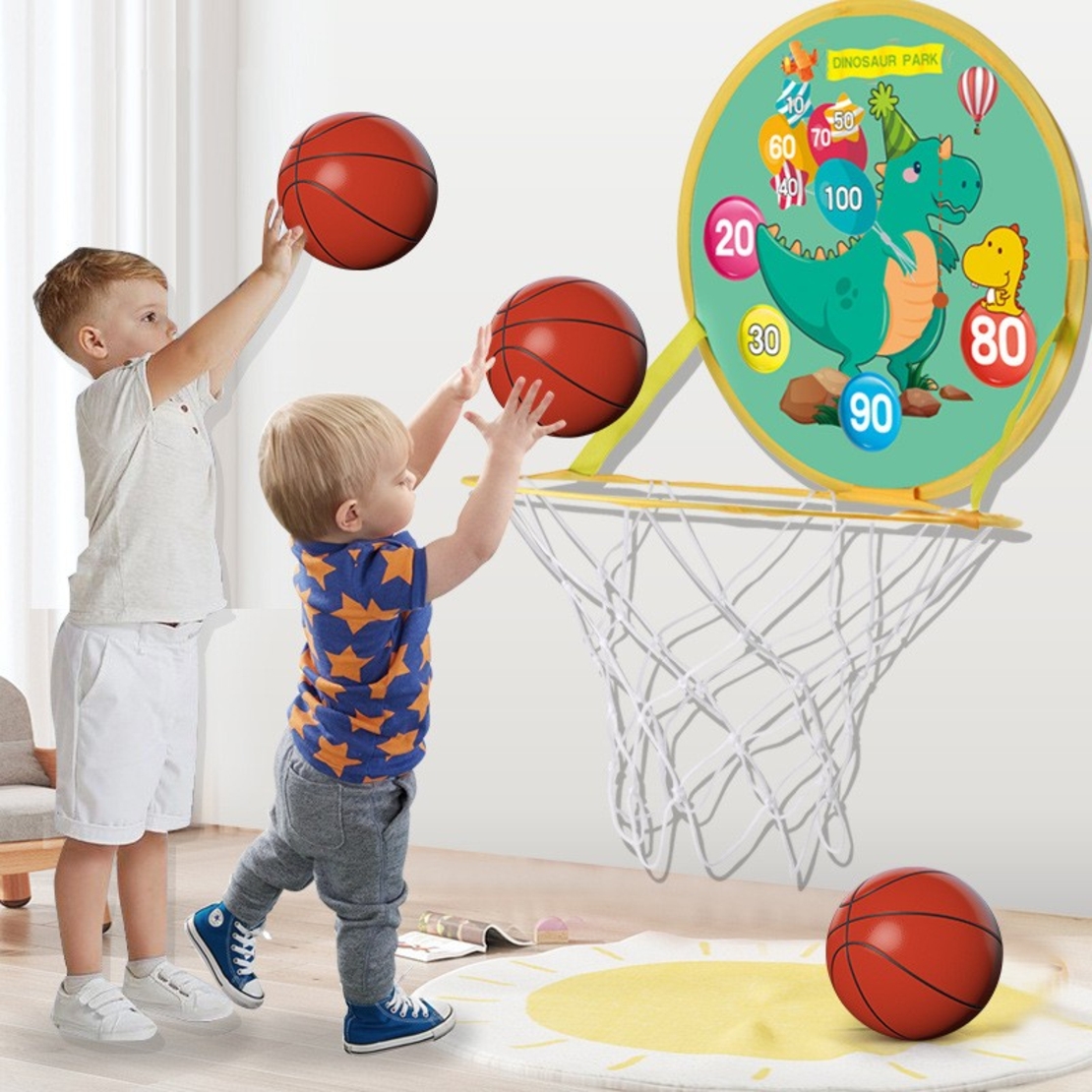 Jucarie Interactiva, Flippy, 2 in 1, Cos de Basket si Tinta de Darts, Minge 16 cm, Pompa, 8 Mingii cu Scai, Model Dragon, Multicolor