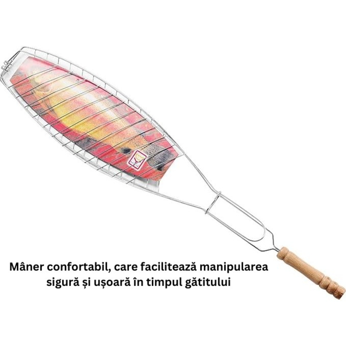Gratar Grill Inox pentru Peste, Flippy, cu Maner, de Dimensiuni Reduse, Usor de Transportat si Depozitat, Argintiu, 56x12 cm