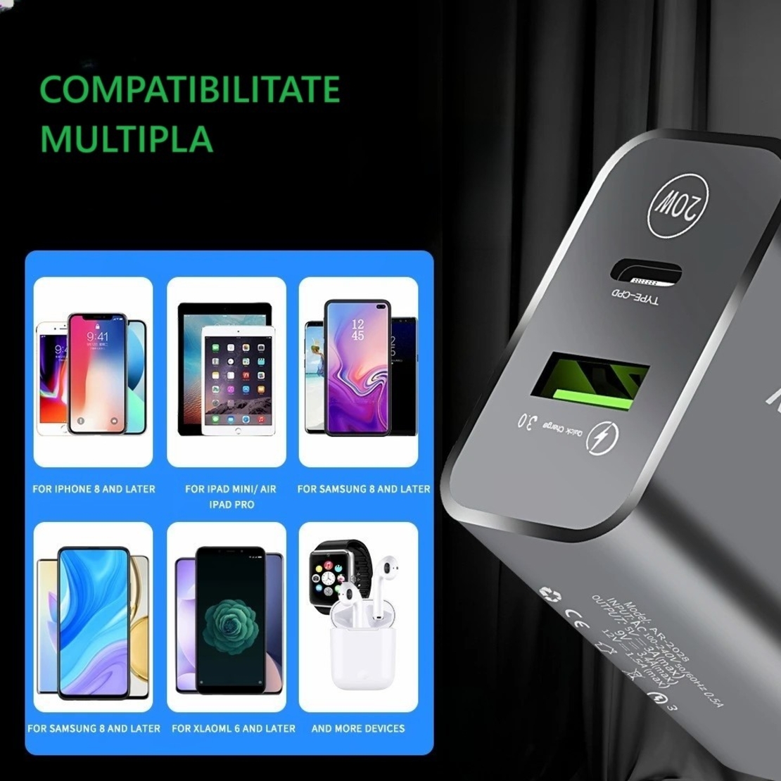 Incarcator Rapid PD QC3.0, Flippy, 2 Porturi, USB + Type C, 20W, Incarcare Rapida, Protectie Supraincalzire, 9.5 x 5.3 x 5.8 cm, Negru