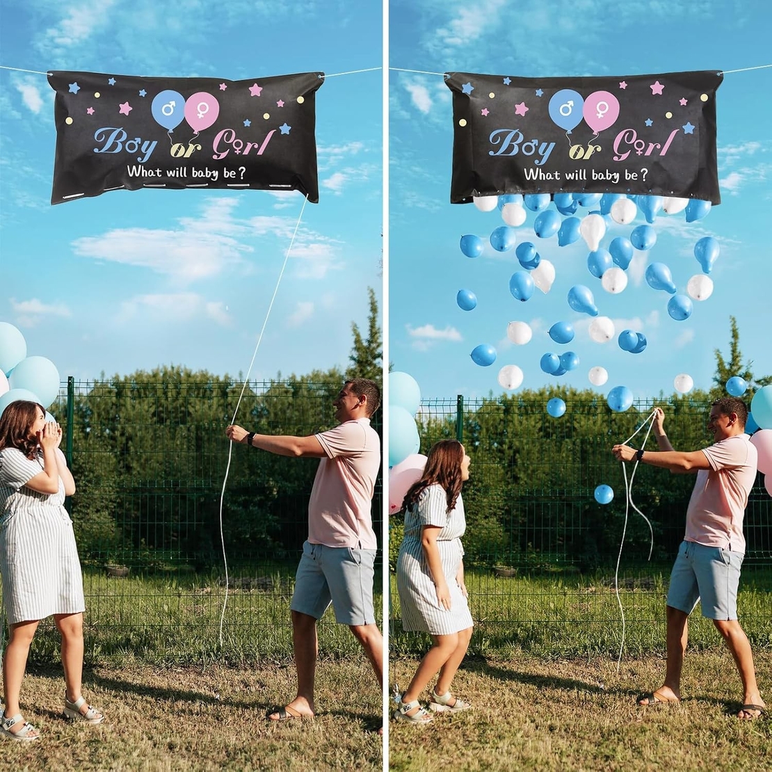 Set Gender Reveal, Flippy, Balloon Drop Bag, din Plastic si Latex, 24 Baloane Roz si Albastru 13 cm, Sac pentru Baloane 60 x 120 cm, Multicolor