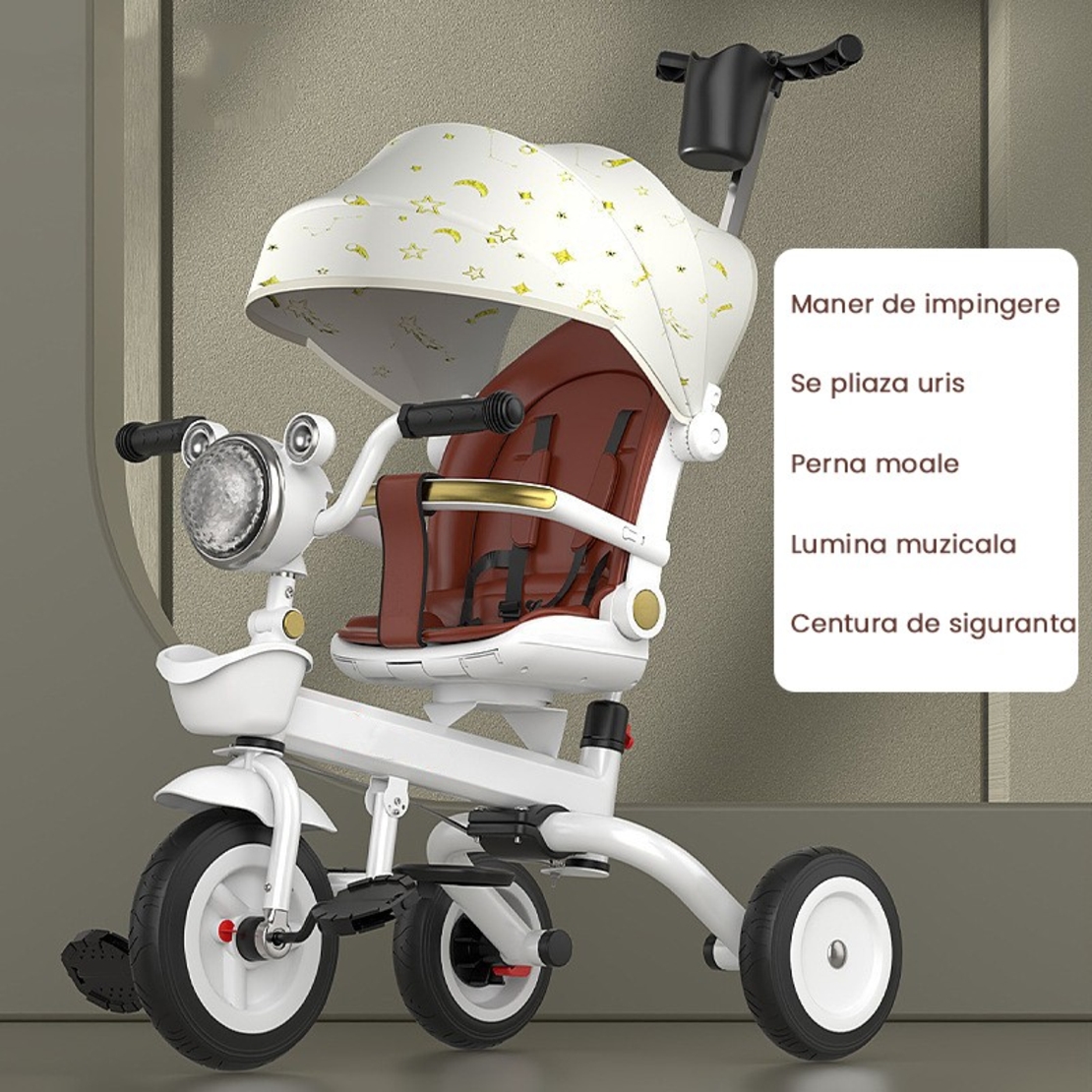 Tricicleta multifunctionala pentru Copii, Flippy, Cu Copertina Pliabila, Tip Impingere, Scaun Rotativ cu Functie Sezut si Culcat, Ghidon cu Cos Lumini si Muzica, Suport Pahar, 80 x 60 x 53 cm, Alb Ivory