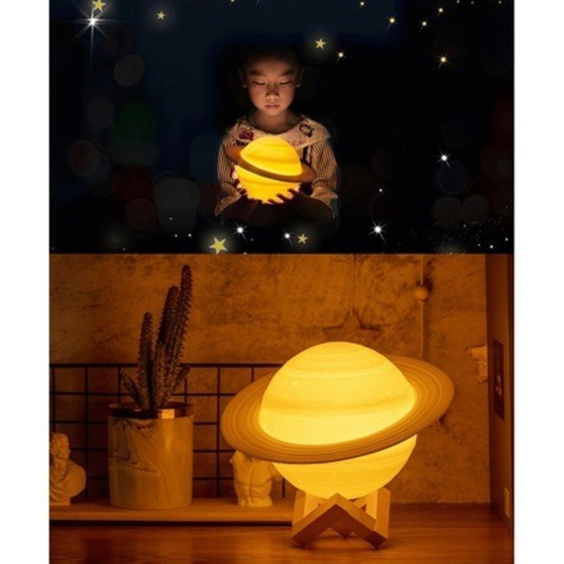Lampa de Veghe, Flippy, Model Planeta Saturn, 3D, Lumina Alb Cald, Suport din Plastic, cu Baterii, 13 cm, Alb