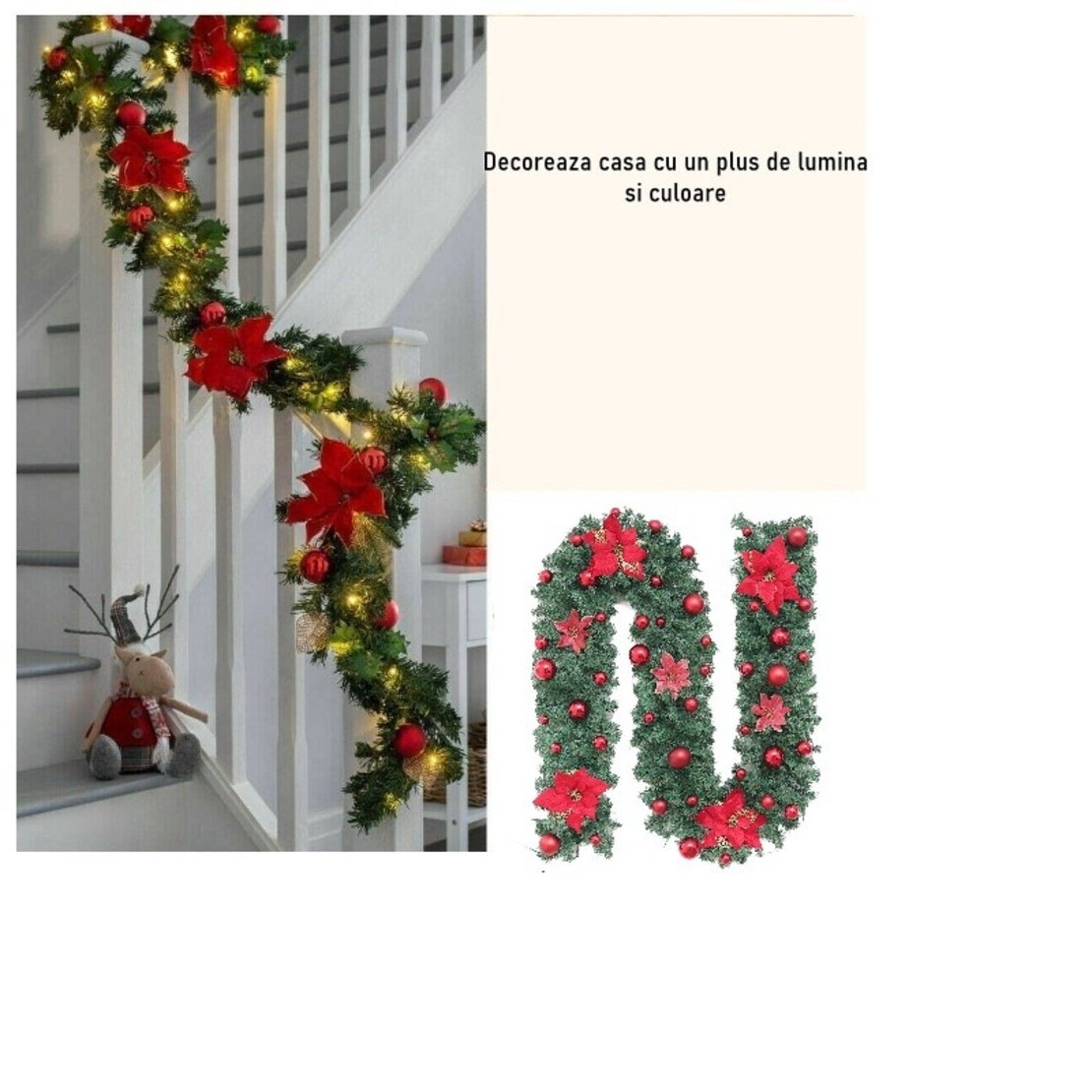 Ghirlanda decorativa Craciun cu Globuri si funde rosii, Flippy, 2,70 m, Verde