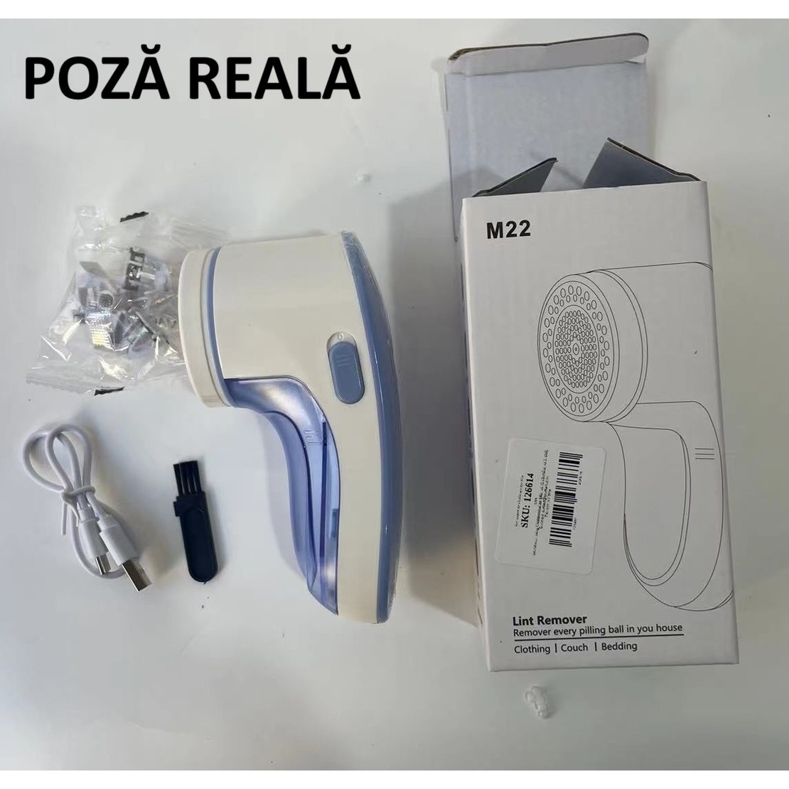 Aparat Pentru Curatat Scame, Par Si Praf, Flippy, Pentru Diferite Tipuri De Material, Cu Lame Din Otel Inoxidabil, Incarcare Prin USB Type-C, Cu Perie De Curatare si Cablu USB Incluse, Albastru, 15 x 7 cm
