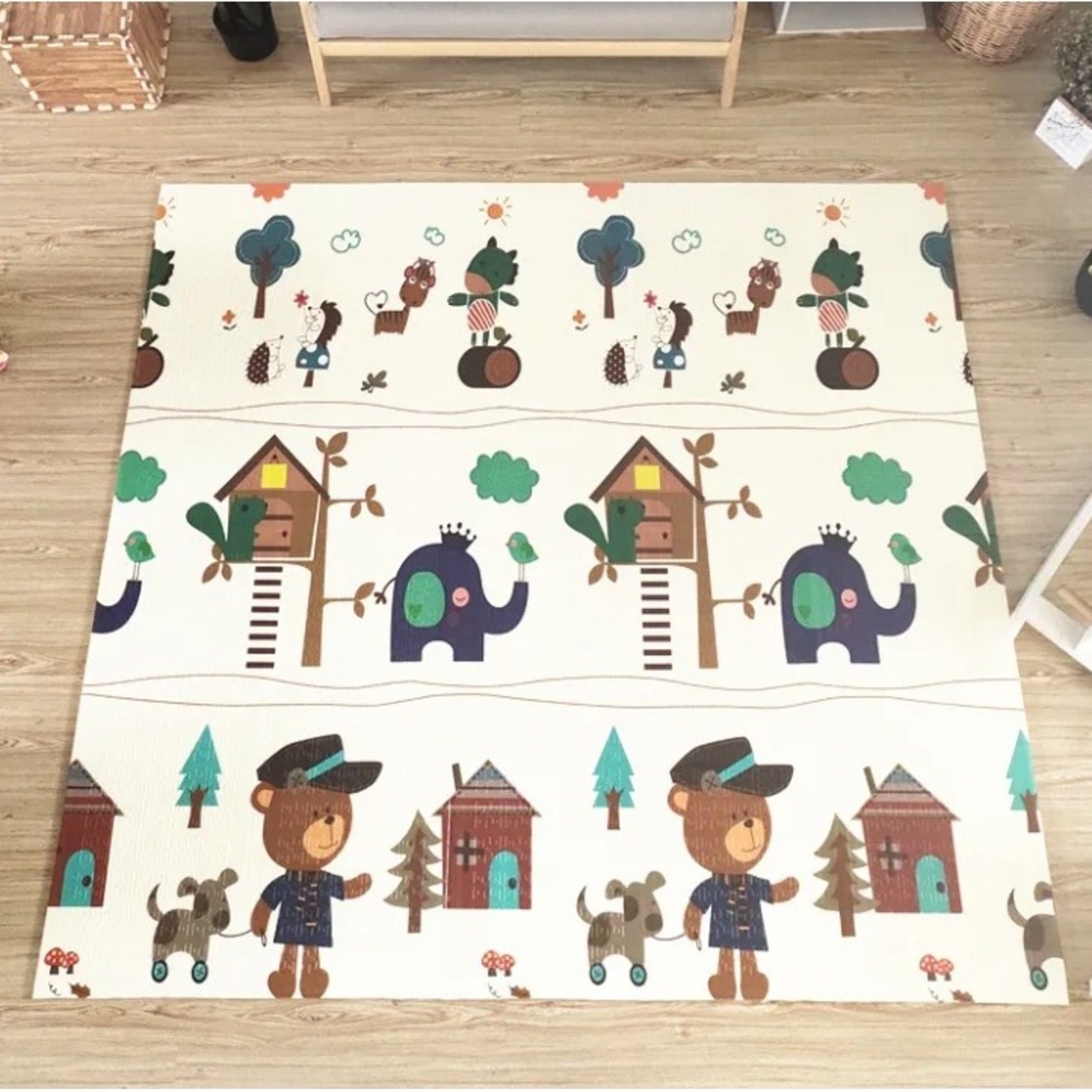 Covoras pentru Copii, Flippy, cu 2 Fete, Model ZOO/Ursulet, din XPE+PE, Impermeabil, Antiderapant, Protectie Termica, +3 Luni, Pliabil, 180 x 200 x 1.5 cm, Multicolor