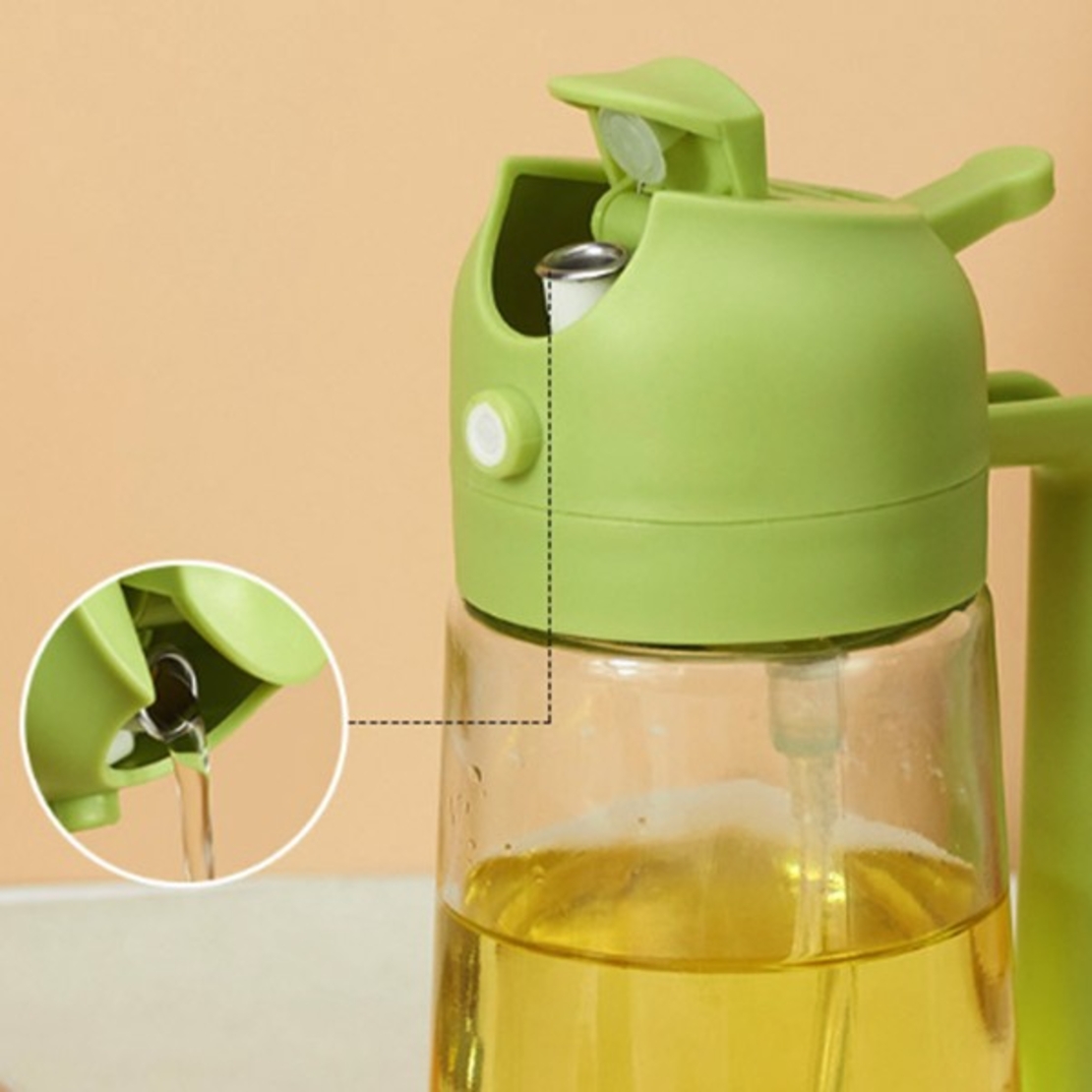Recipient Ulei 2 in 1, Flippy, Functie Spray & Turnare, din Sticla, Fara Scurgere, 18.5 x 7.7 cm, 470 ml, Verde