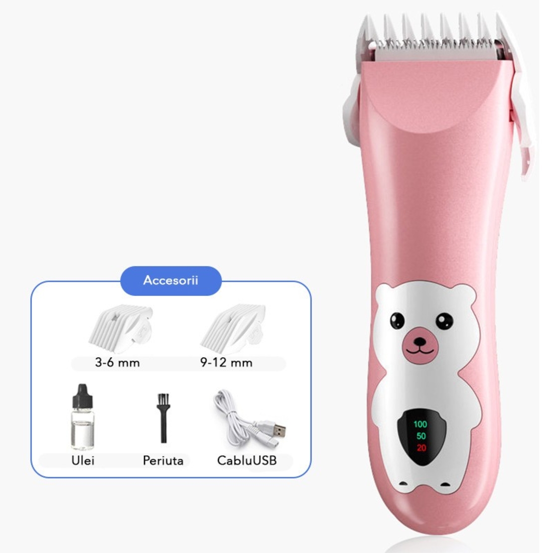 Masina De Tuns Bebelusi si Copii, Flippy, Display Digital, Lame Cermice si Inox, Fara Fir, Functie Anti Taiere, Silentios, 50 W, Rezistent la Apa, 2 Accesorii, Incarcator USB, Model Ursulet, Roz