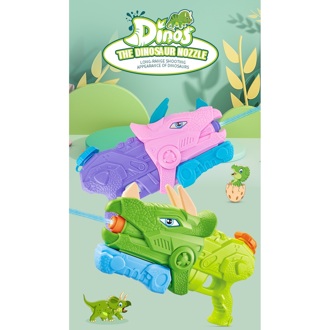 Pistol cu Apa pentru Copii, Rezervor, Pentru Piscina/Plaja, Flippy, 6ani+, Triceratops, 3 duze, Roz, 640ML