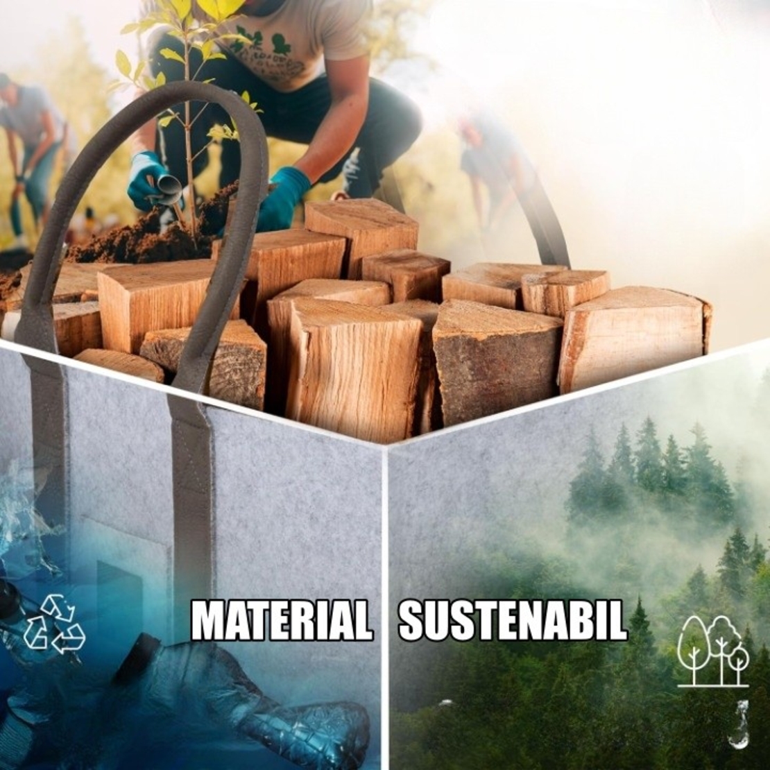 Cos Multifunctional pentru Rufe Murdare, Cos Depozitare, Flippy, Gri, 50x34x32, Geanta Durabila pentru Lemne si Accesorii