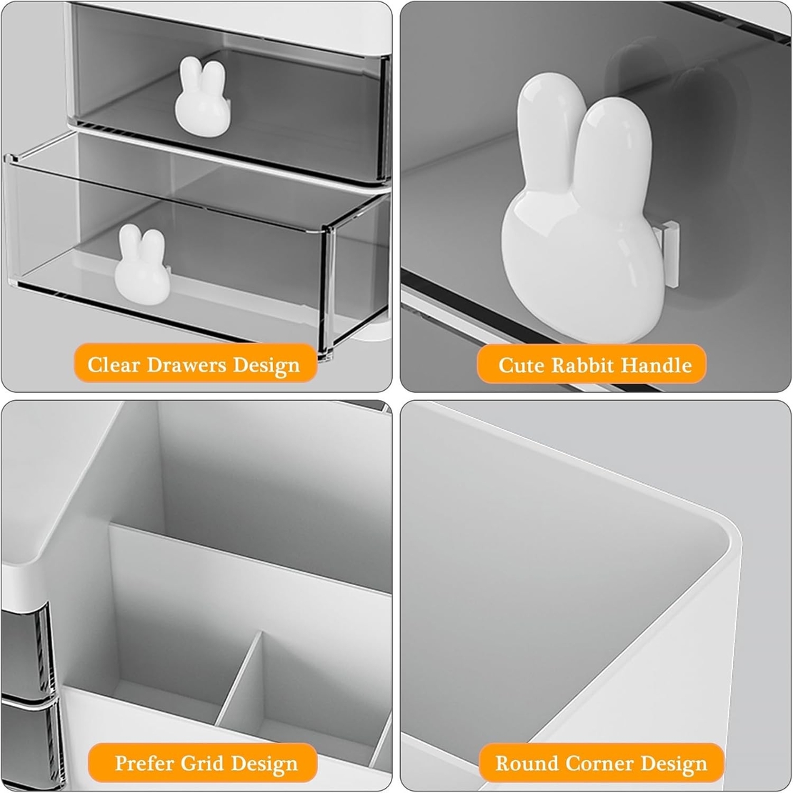 Cutie de Depozitare pentru Birou, Flippy, Pentru Makeup, Papetarie, Organizator Cosmetice, 2 Sertare si Compartimente Multiple, Model Iepuras, Plastic, 27.5x15.5x12 cm, Alb