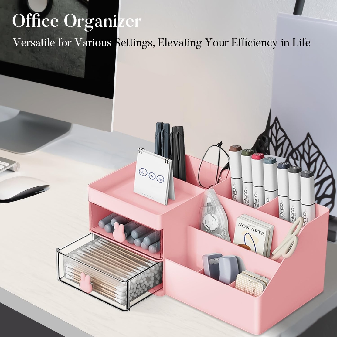 Cutie de Depozitare pentru Birou, Flippy, Pentru Makeup, Papetarie, Organizator Cosmetice, 2 Sertare si Compartimente Multiple, Model Iepuras, Plastic, 27.5x15.5x12 cm, Roz