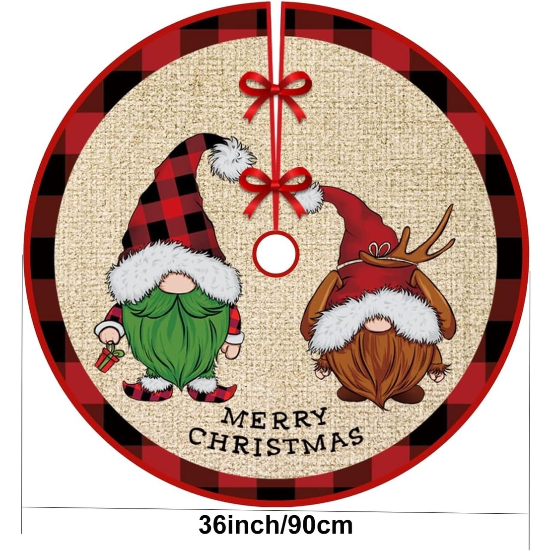 Covoras pentru Bradul de Craciun, Flippy, din Tesatura Pufoasa, cu Fundite de Prindere, Model Gnomi, Multicolor, Diametru 90 cm