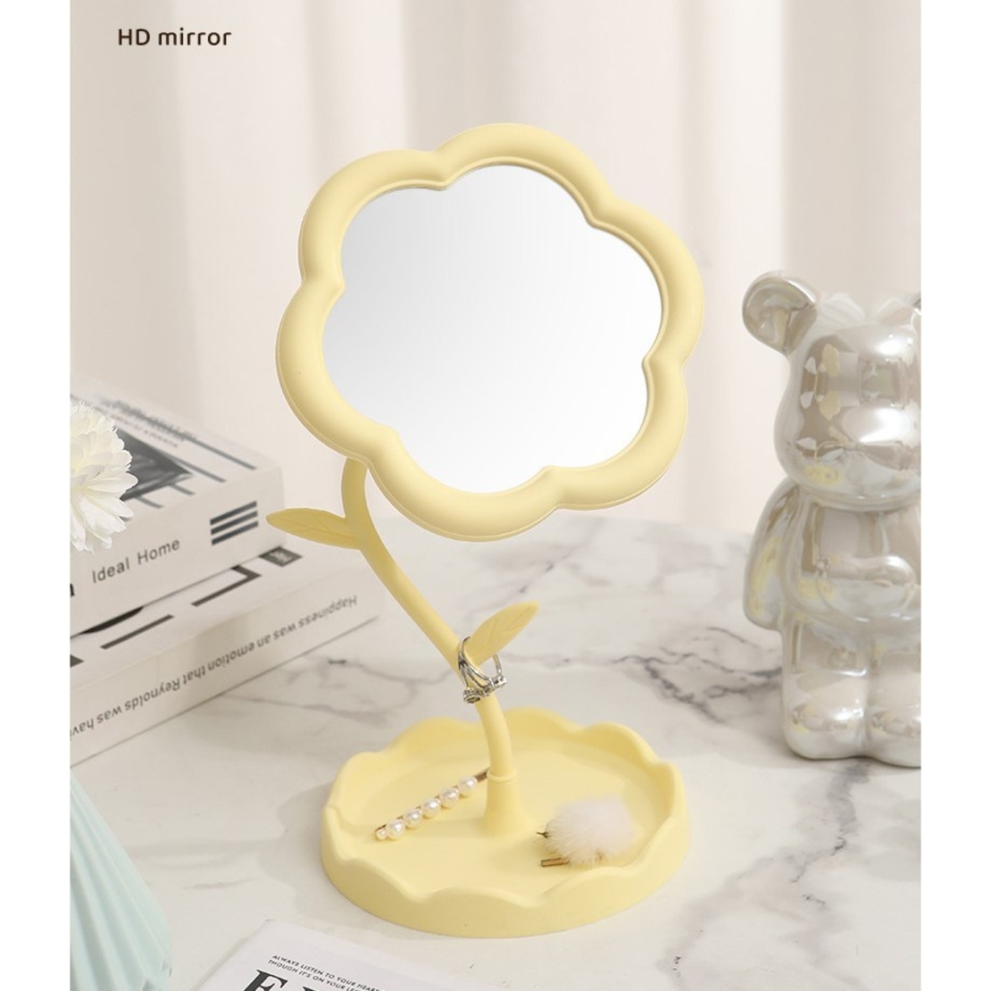 Oglindă de Machiaj pentru Birou, Flippy, Rotativă, Detasabilă, Model de Floarea Soarelui, Suport pentru Inele, cu Depozitare, Galbena