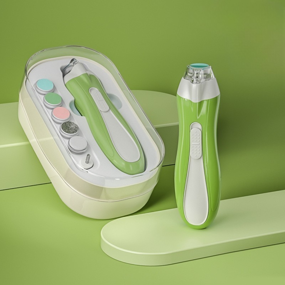 Pila Electrica, Flippy, pentru Copii si Bebelusi, din ABS, 6 Accesorii, cu Lumina LED, 9.5 x 6 x 17 cm, Verde