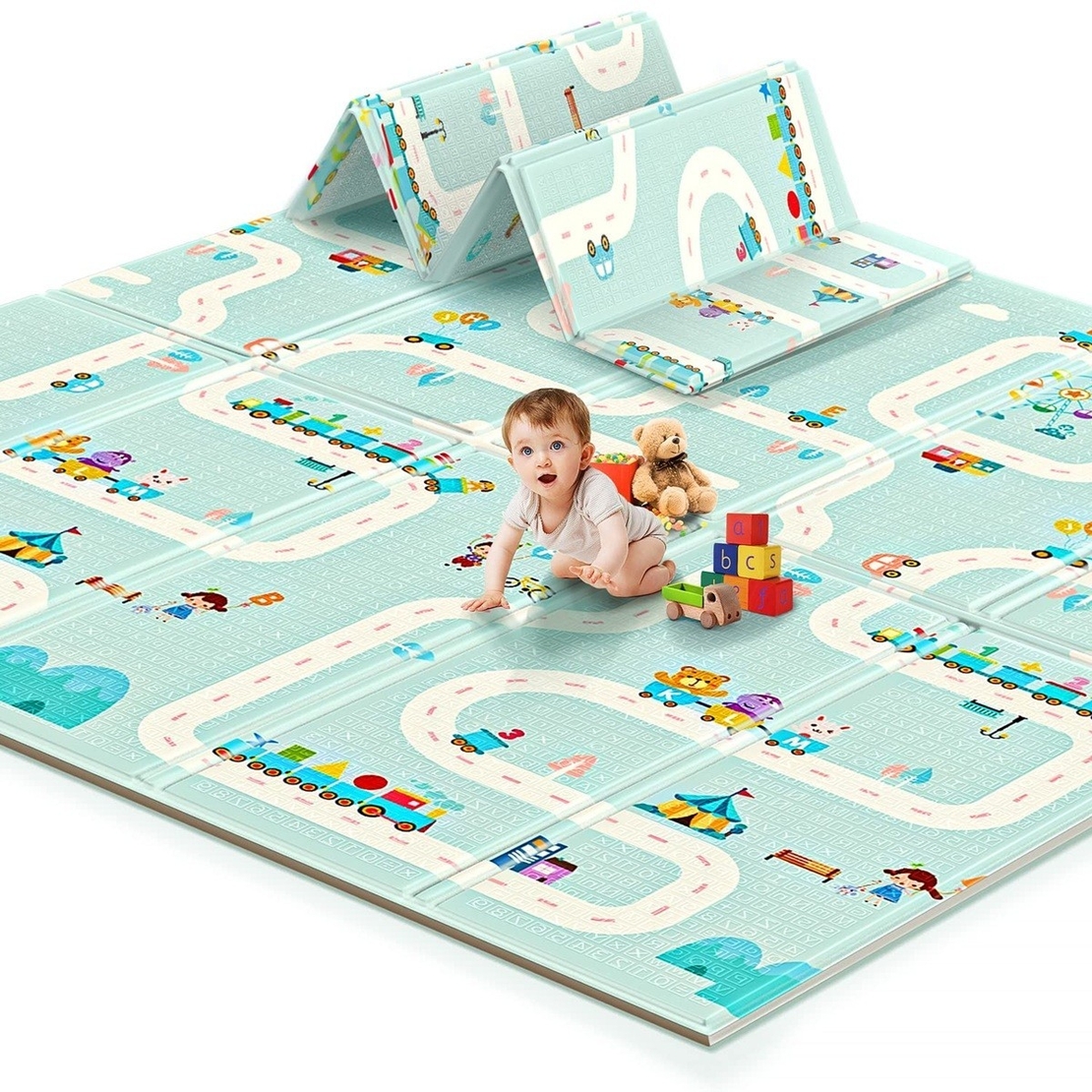 Covoras pentru Copii, Flippy, cu 2 Fete, Model Oras/Safari, din XPE+PE, Impermeabil, Antiderapant, Protectie Termica, +3 Luni, Pliabil, 180 x 200 x 1 cm, Multicolor