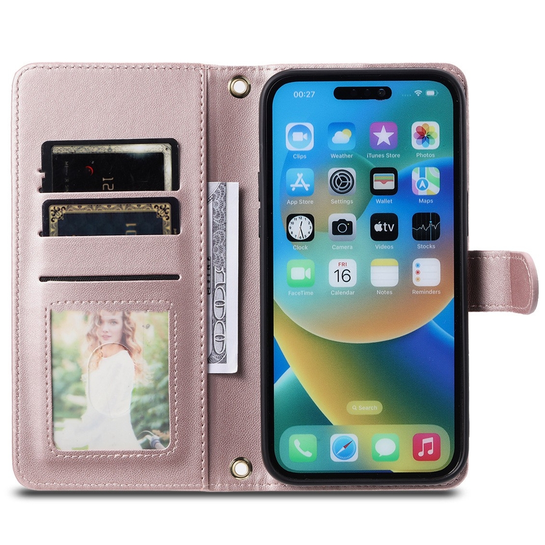 Husa de Protectie Tip Carte, Flippy, pentru Apple iPhone 15 Plus, Model cu Suport si Capsa, Antisoc, Rezistenta la Impact, Protectie Camera, Roz