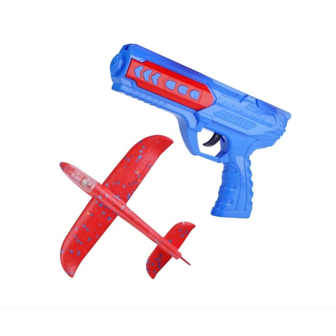 Pistol cu Lansator de Avion, Flippy, din Polistiren+Plastic, +3 Ani, Avion 24 cm, Lansare 10 m, cu Lumini, Albastru/Rosu