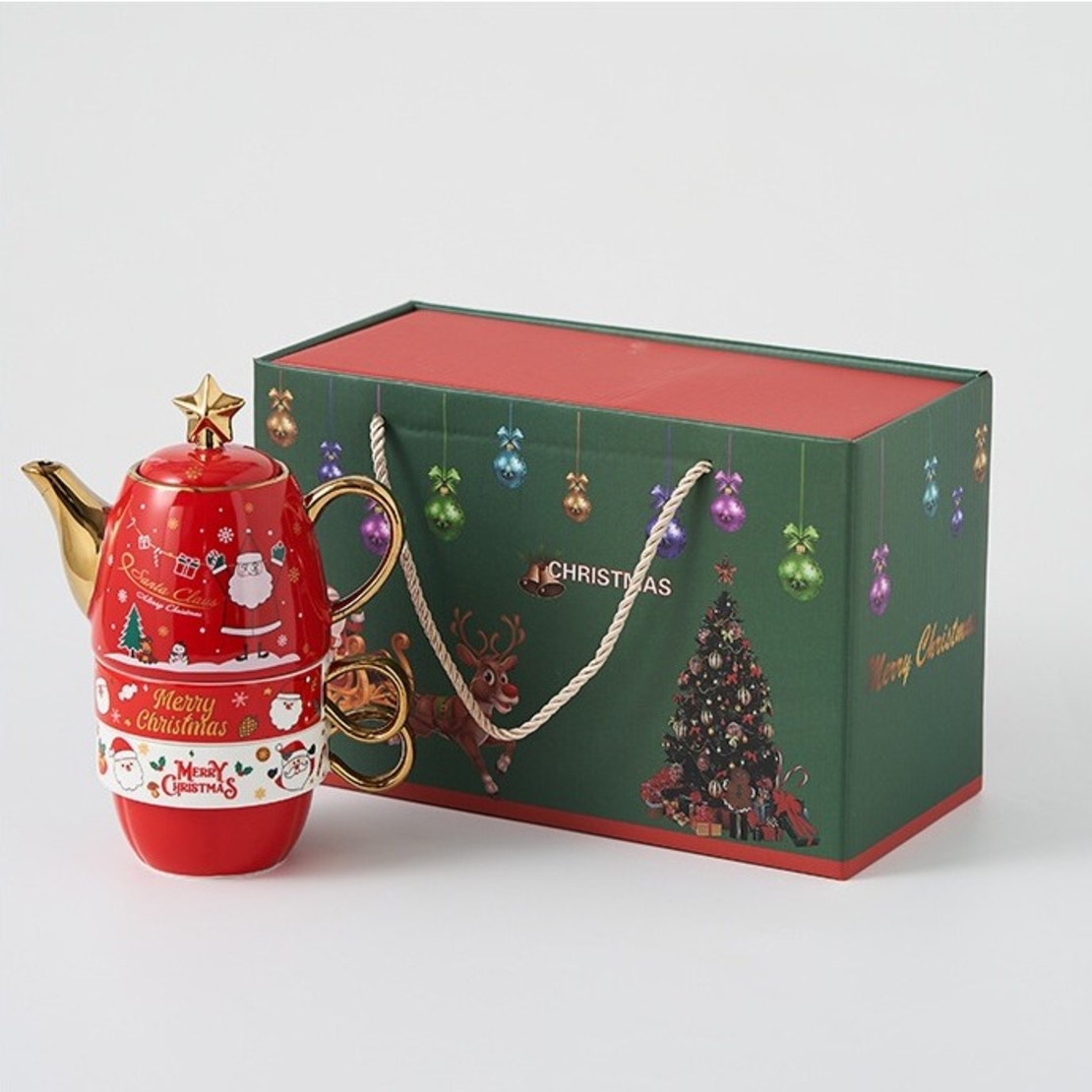 Set de Ceai, Flippy, Tema Craciun, Ceainic 450 ml, 2 x Cani 250 ml, din Ceramica, Model Mos Craciun/Santa Claus, Alb/Rosu