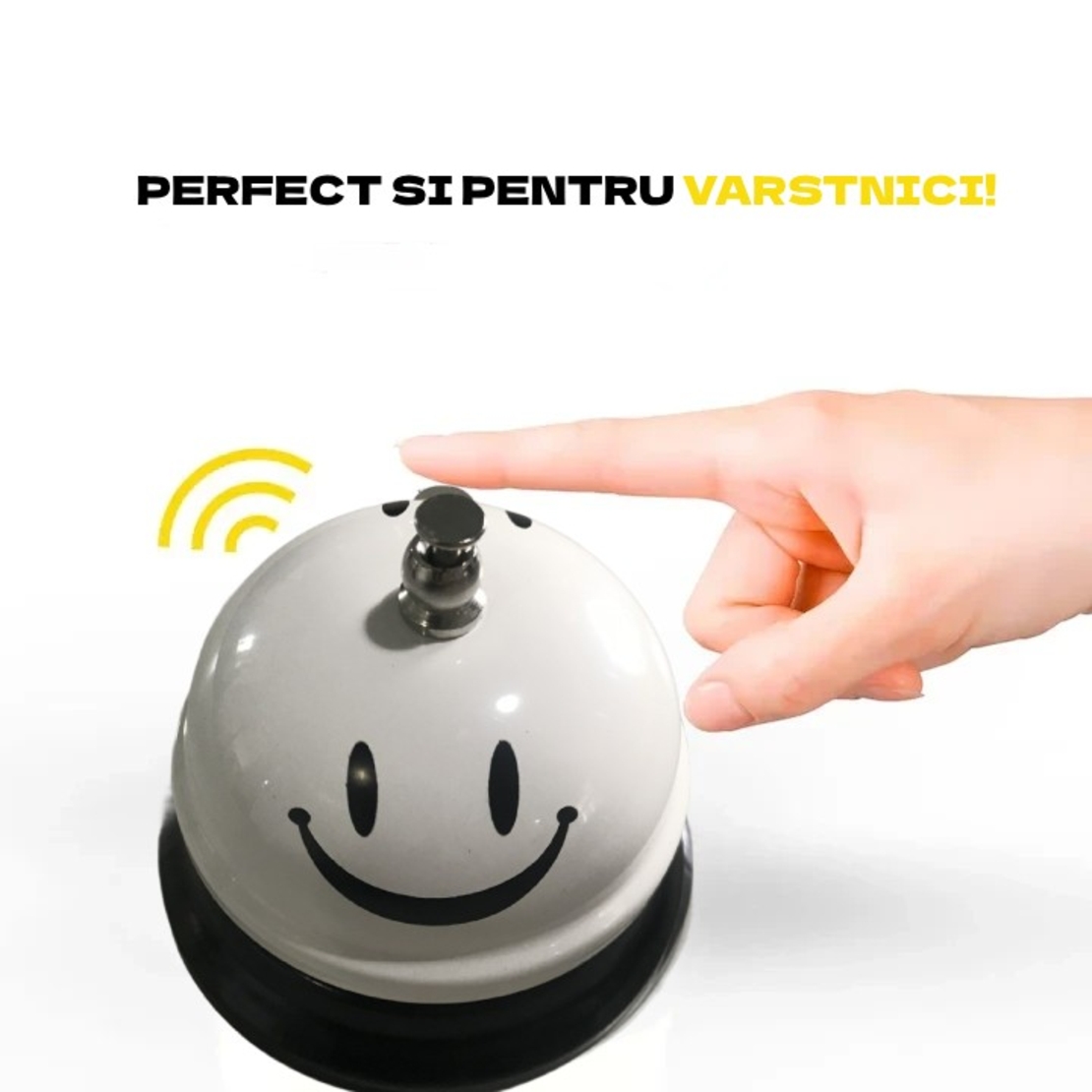 Clopotel Metalic Multifunctional, Flippy, Alb cu Imprimeu Smiley Face, 7.5x7.5x6.5 cm, Receptie, Restaurant, Cafenele