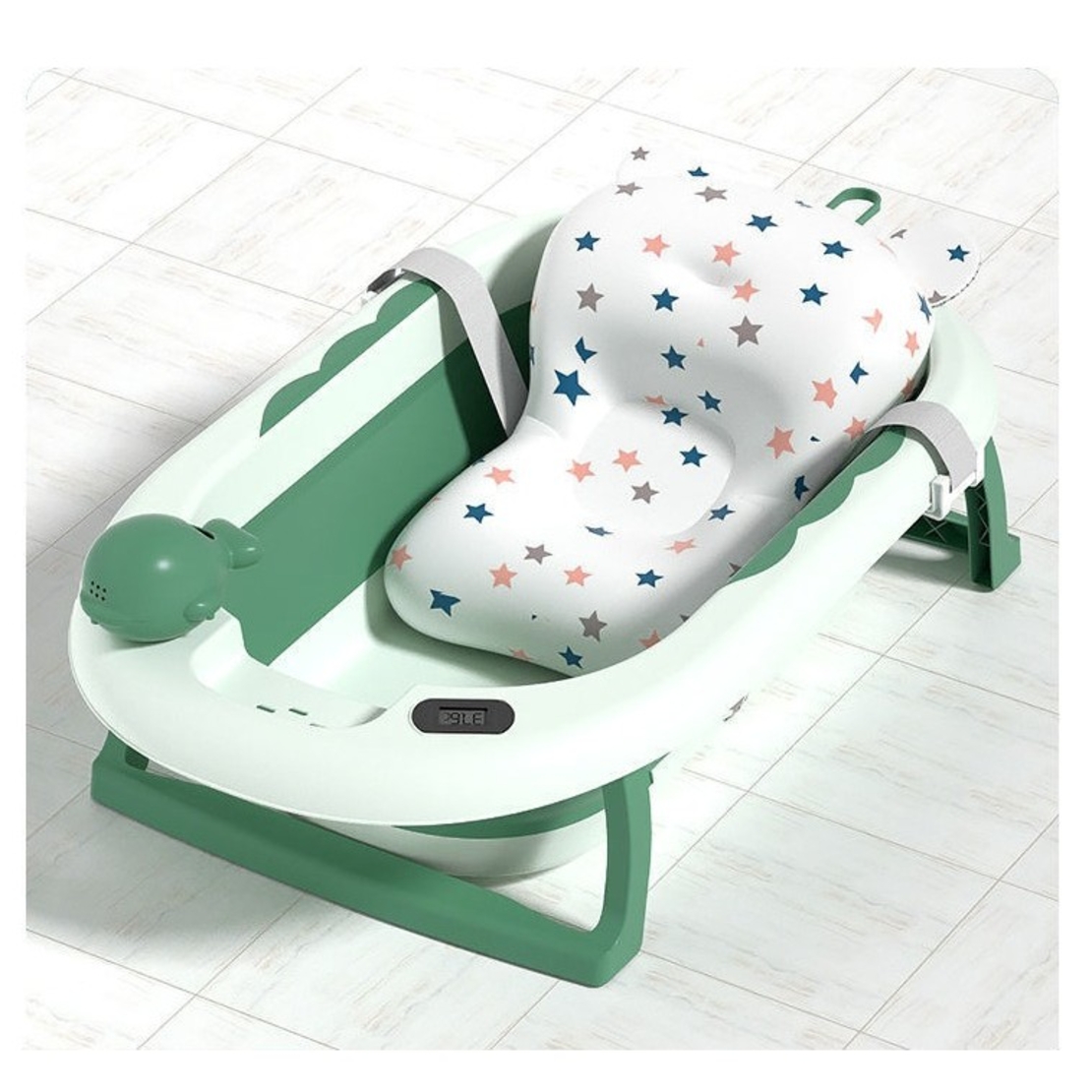 Cada de Baie, Flippy, pentru Copii 0 luni - 6 Ani, cu Termometru, Pliabila, Perna Suport Inclusa, din Plastic, 81.5 x 49 x 21.5 cm, Verde