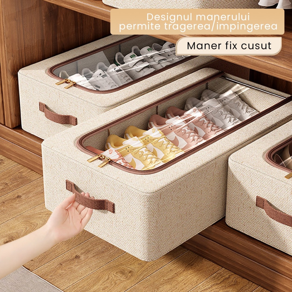 Cutie Depozitare cu Cadru Metalic, Flippy, pentru Incaltaminte, Haine, Lingerie, Fermoar Calitativ, Fereastra Transparenta, Manere Laterale, 60 x 30 x 15 cm Bej