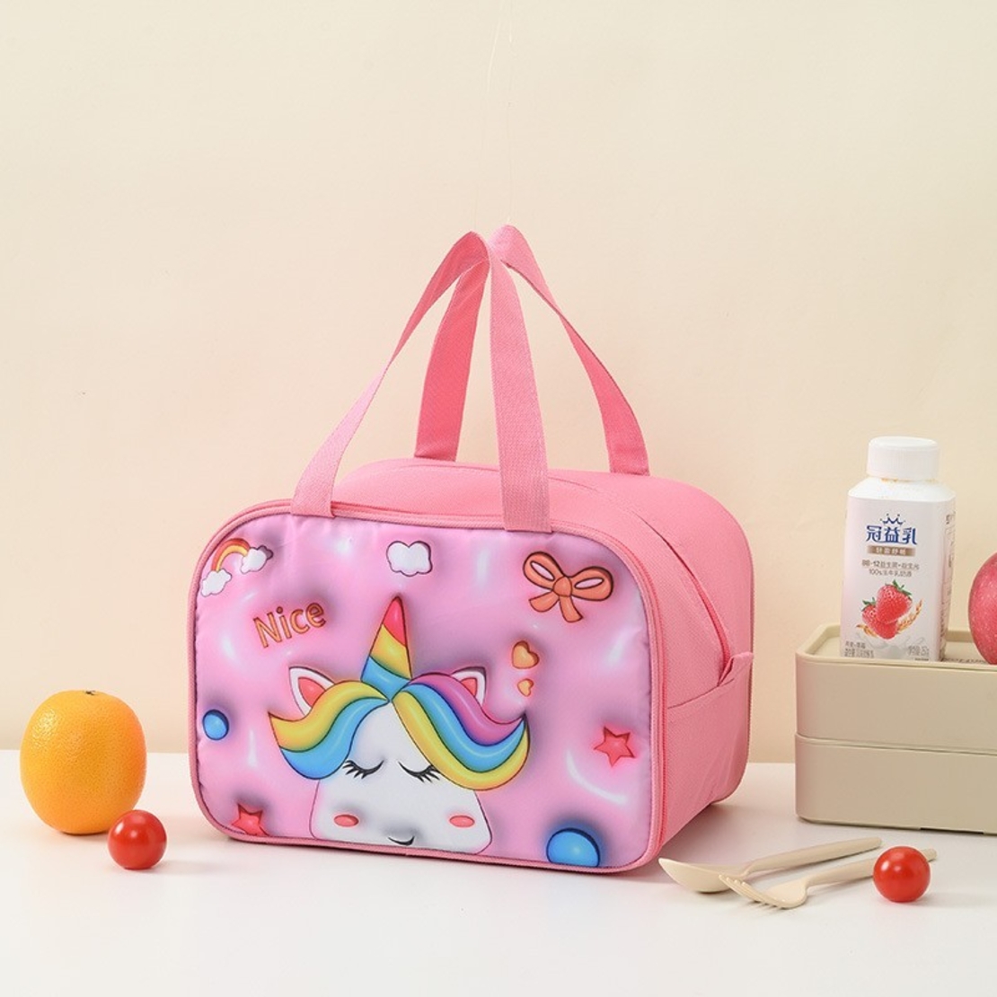 Geantă Frigorifică, Flippy, cu Desene Animat 3D, Portabilă pentru Copii, de Prânz, din Pânză Oxford, 27.5x18x20 cm, Model Unicorn, Roz