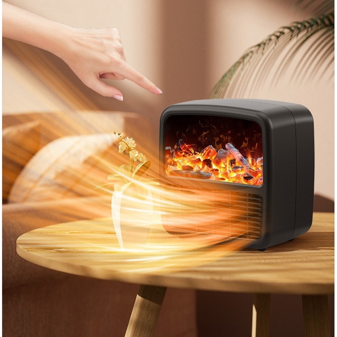 Mini Aeroterma Portabila, Flippy, Display LCD, Flacara Tip Semineu, 1500W, 2 Trepte, Oprire Automata, 22 x 22 x 15 cm, Negru