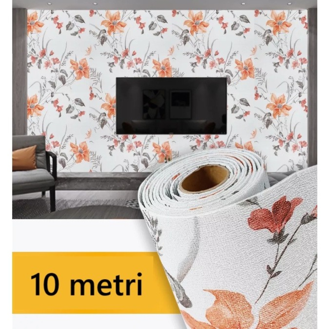 Rola Autoadeziva pentru Perete, Flippy, din Panza, 10 m, Rezistenta la Umezeala, 2.5 mm Grosime, Model Flori, Portocaliu