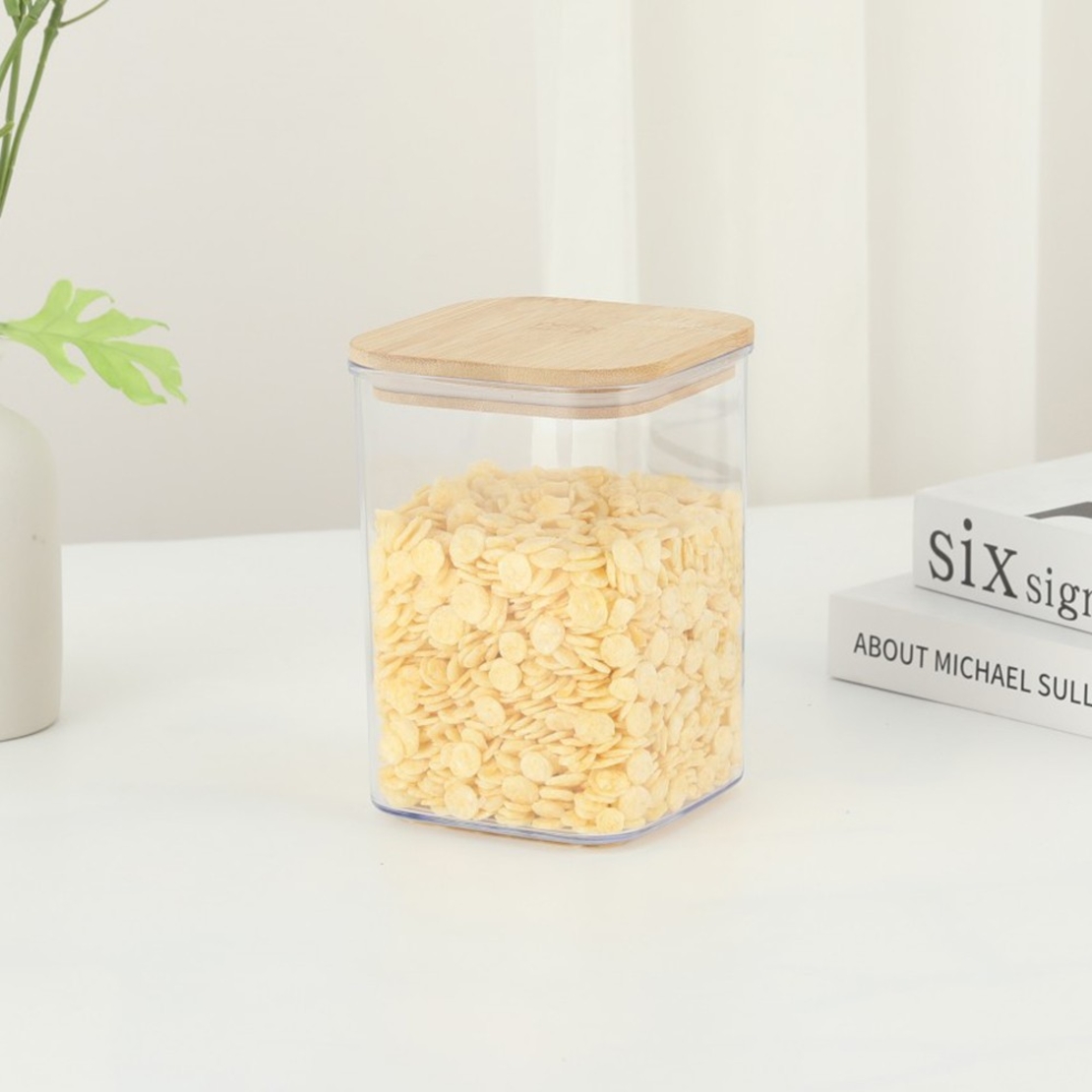 Cutie de Depozitare Alimente, Flippy, Cutie de tip Container, Cutie pentru Cereale, din Plastic, Capac din Bambuc, 10 x 10 x 14 cm, Volum 0.8 L, Transparent