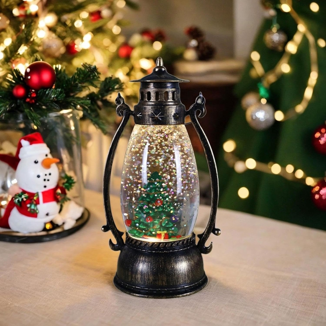 Decoratiune Luminoasa, Flippy, Felinar de Craciun, cu Lumina LED, Ornament Model Lampa cu Ulei Brad de Craciun, cu Maner, 14x7x6 cm, Negru