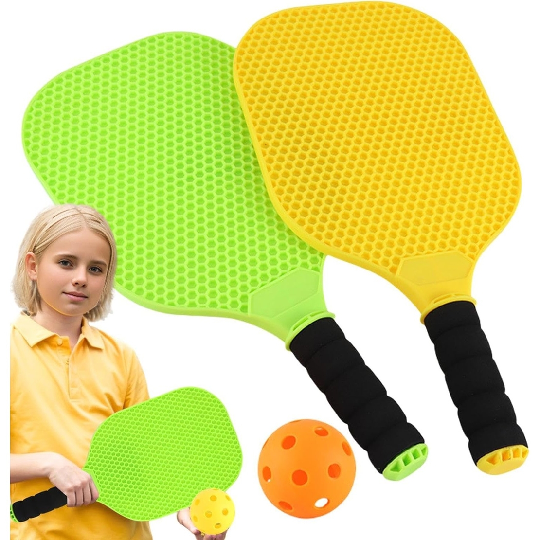 Set Joc de Ping-Pong, Flippy, 2 Palete, 1 Minge, + 6 Ani, 37.5 x 18 x 3 cm, Galben/Verde