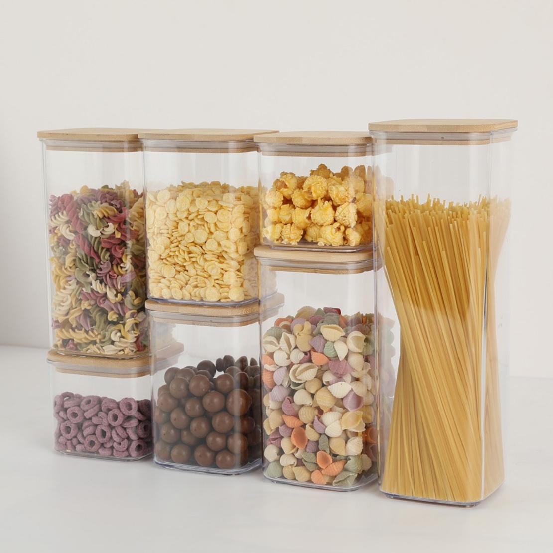 Cutii de Depozitare Alimente, Flippy, Set din 7 Cutii de tip Container, Cutii pentru Cereale, din Plastic, Capac din Bambuc, 2pc 0.5 l, 2pc 0.8 l, 2pc 1.2 l, 1pc 2.5 l, Transparente