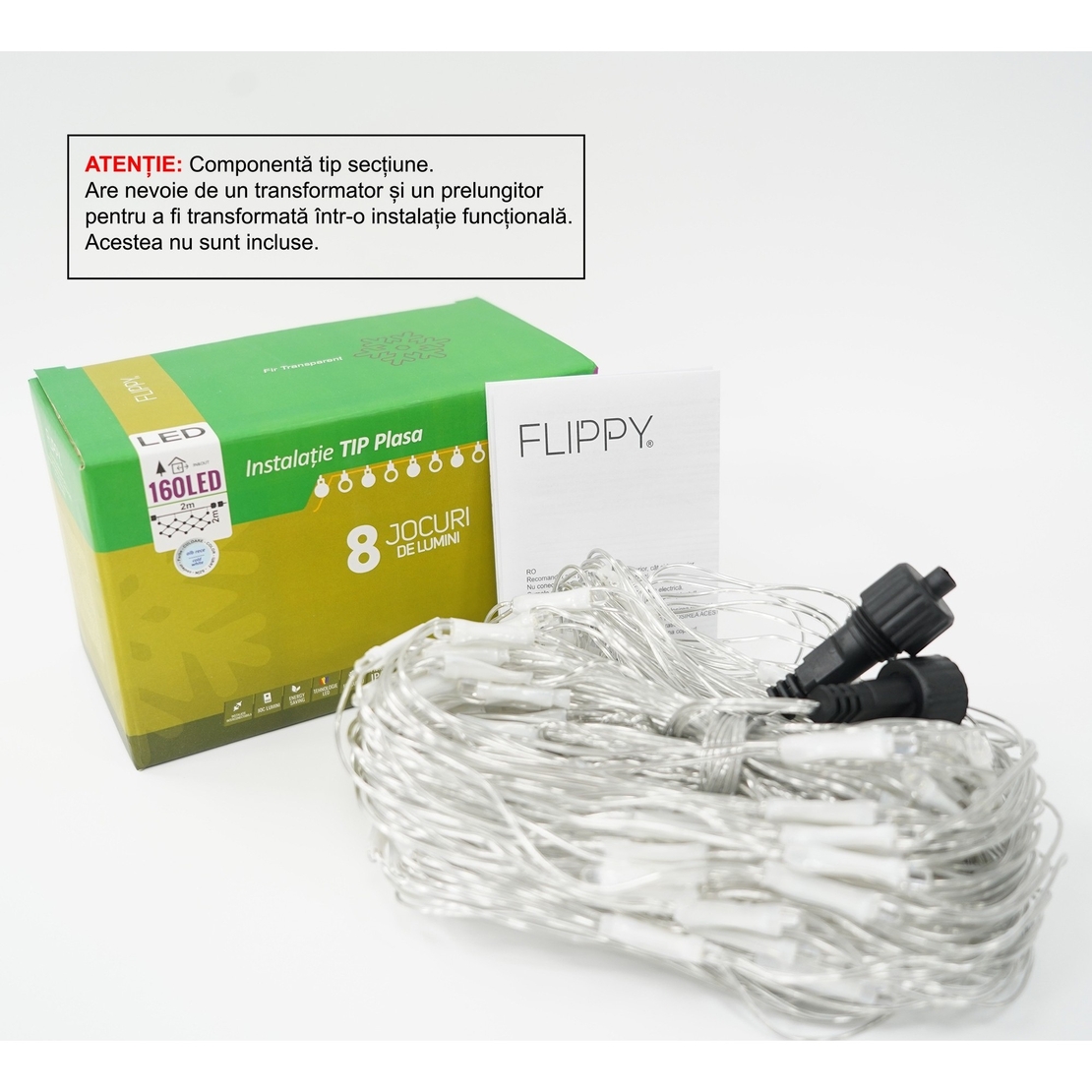 Instalatie de Craciun, Flippy®, Sectiune 2 x 2 m, Tip Plasa, 160 LED-uri, Fara Transformator, IP44, 8 Jocuri de Lumini, Interconectabila, Fir Transparent, Alb Rece