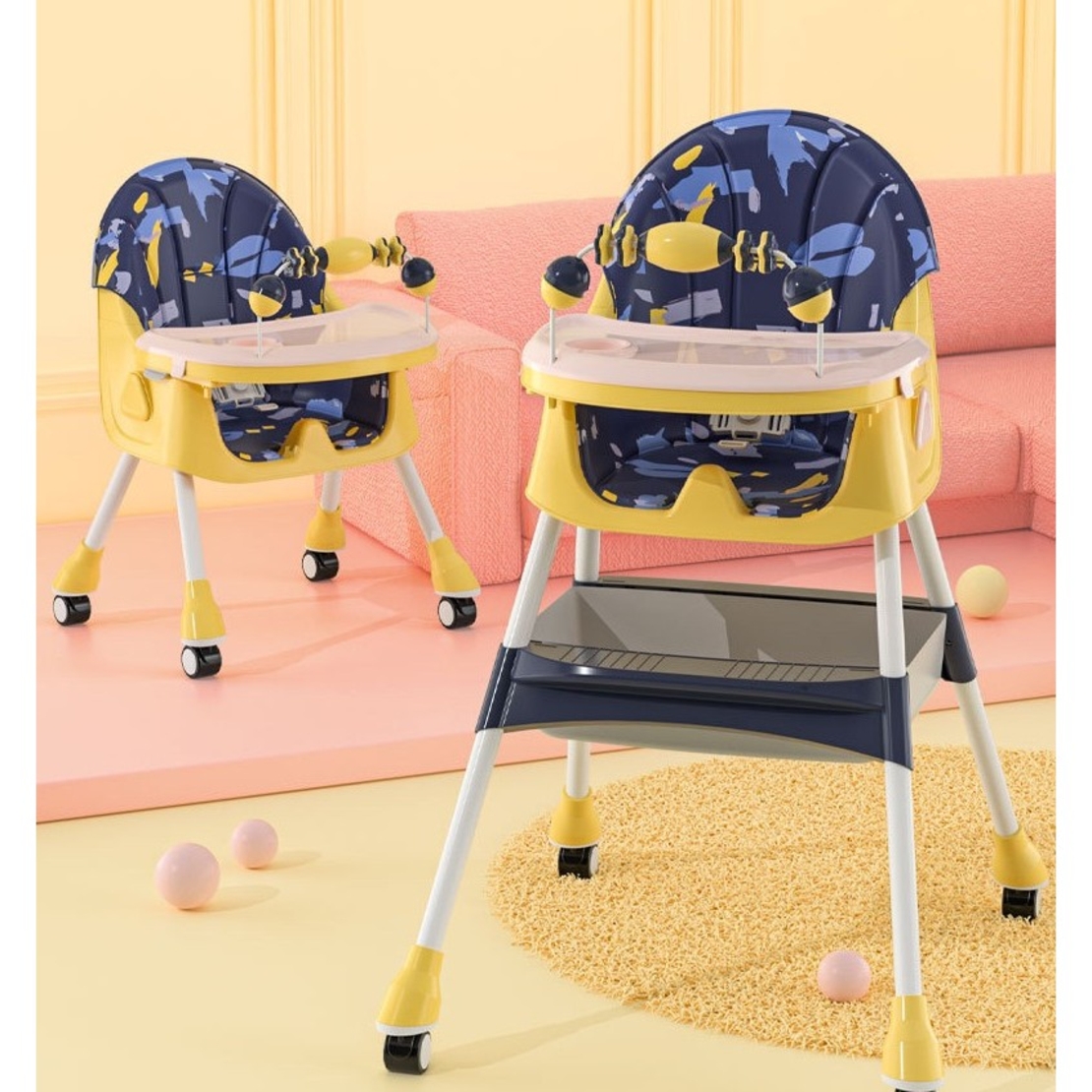 Scaun de Masa 2in1, Flippy, pentru Copii de la 6 luni - 5 Ani, Inaltime Reglabila, Centura in 5 Puncte, Tava de Masa, Roti cu Frana, Cos Depozitare, Jucarie Inclusa, 94 x 78 x 60 cm, Albastru/Galben