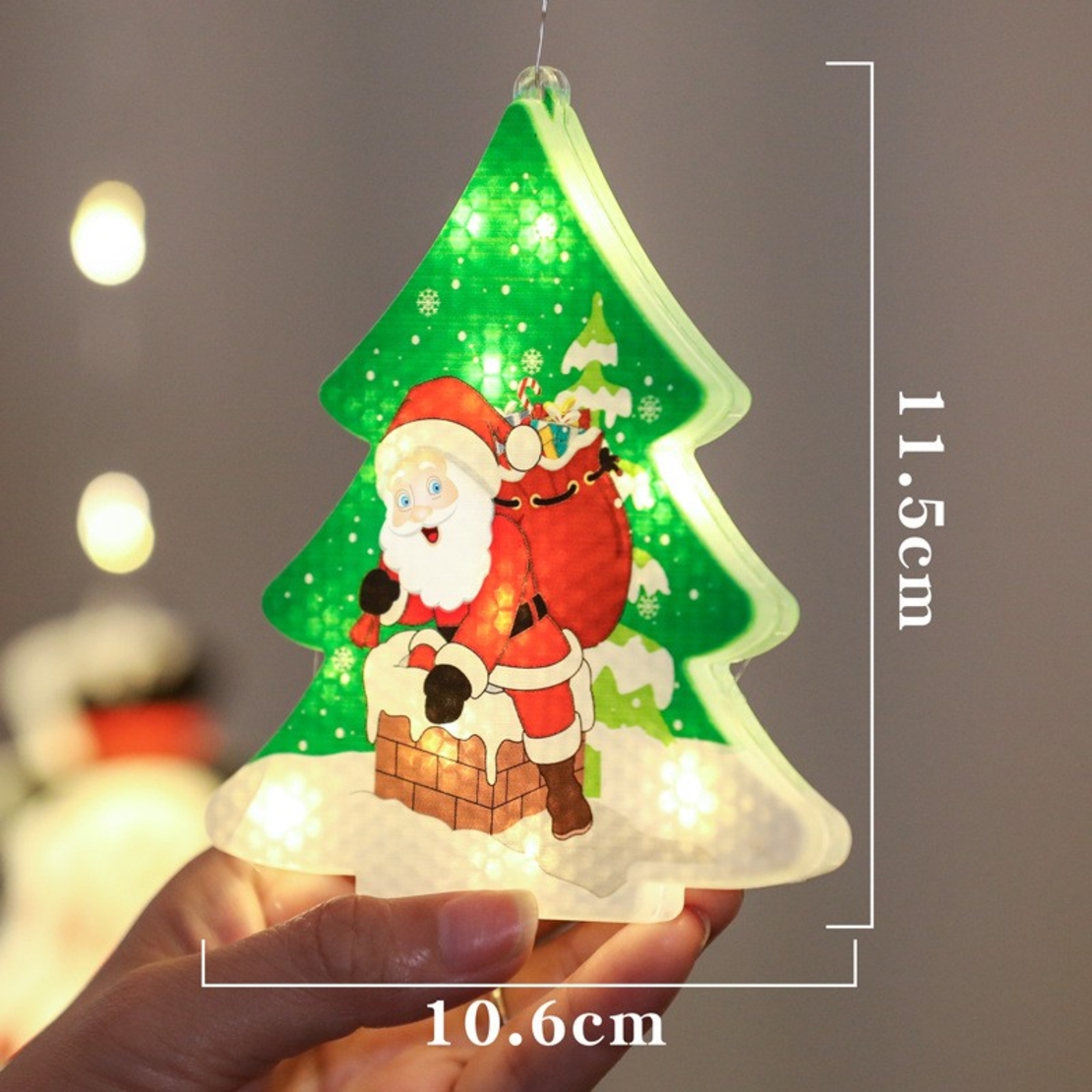 Decoratiune de Craciun Luminoasa in forma de Brad, 11.5 x 10.6 cm, Mos Craciun langa brad, cu agatatoare, Alb Cald, Flippy