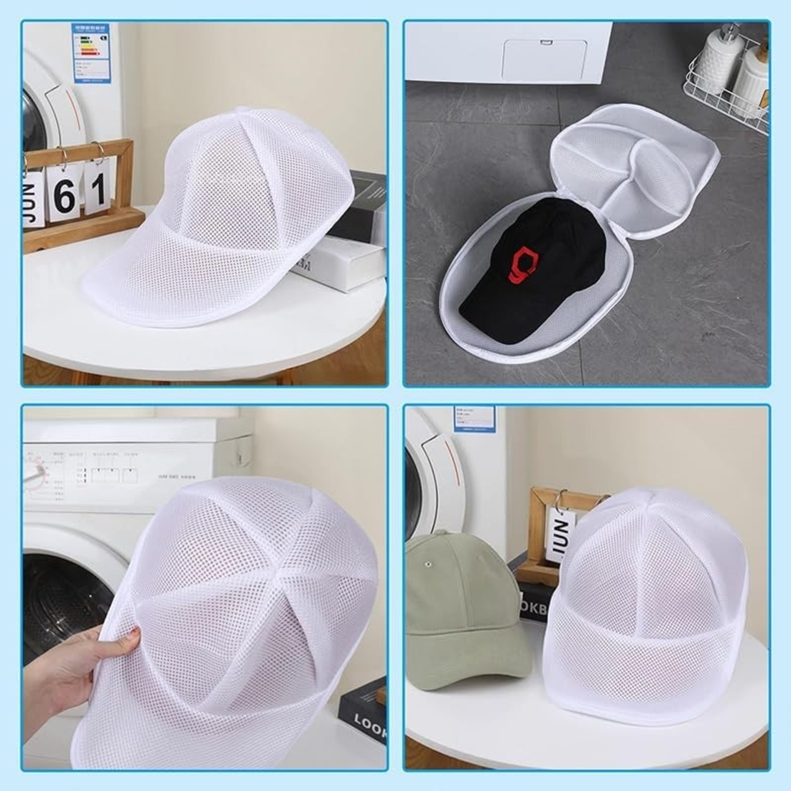 Husa de Spalare Sapca, Flippy, pentru Masina de Spalat, din Poliester, Circumferinta 53 cm, cu Fermoar, cu Suport Sapca, Alb