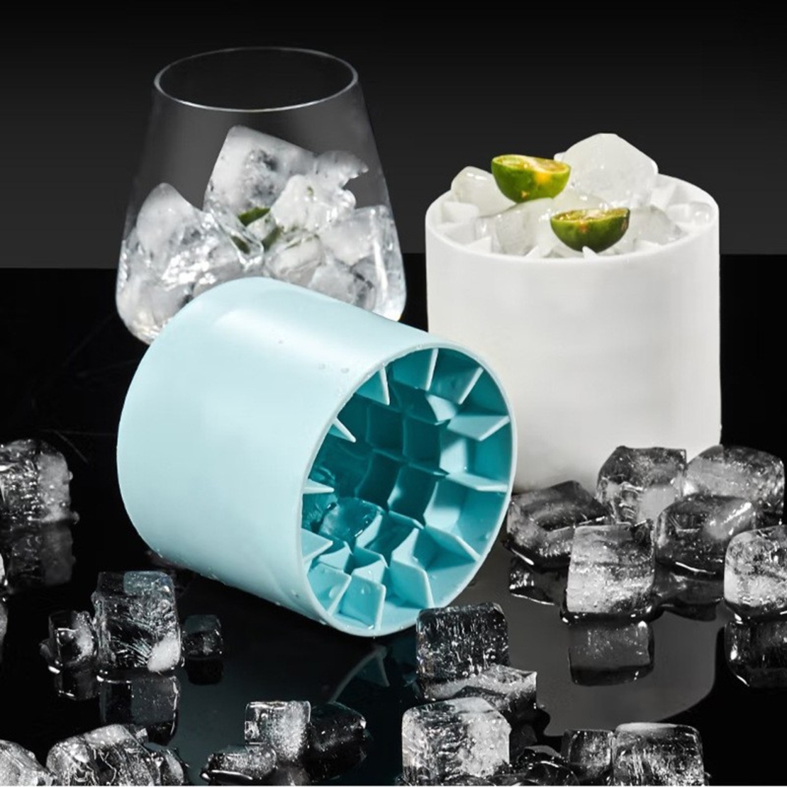 Tava de Gheata din Silicon cu Capac, Flippy, Forma de Gheata pentru Racirea Bauturilor, in Forma de Frapiera, Silicon fara BPA, Cuburi de Gheata, 9x8.5x8 cm, Albastru