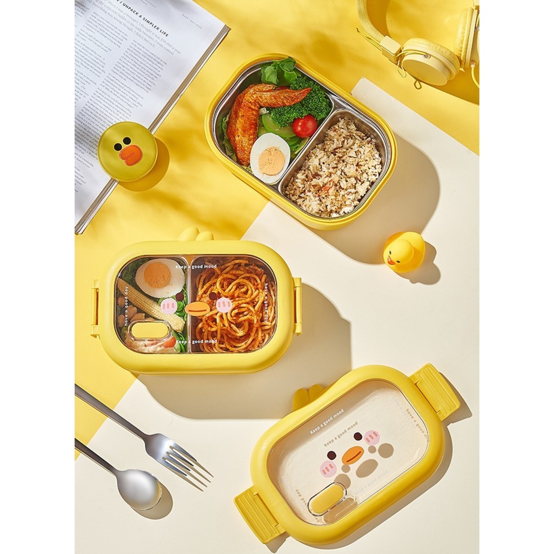 Cutie pentru Pranz sau Gustari, Flippy, cu Doua Compartimente, Model Ratusca, pentru Copii si Adulti, Etansare, PP, Perfect pentru Scoala si Birou, 1000 mL, 22.5x14.5x8 cm, Galben