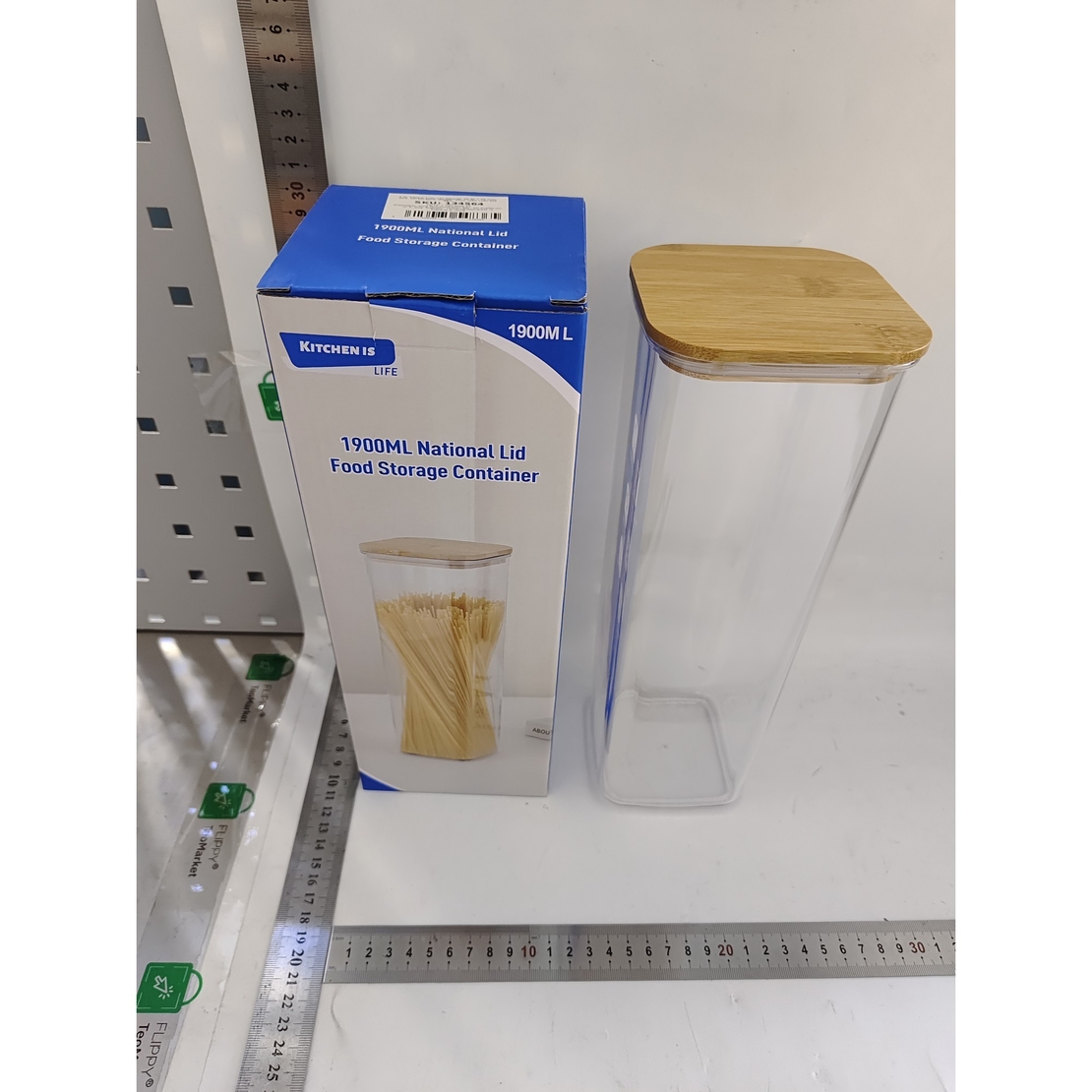 Cutie de Depozitare Alimente, Flippy, Cutie de tip Container, Cutie pentru Cereale, din Plastic, Capac din Bambuc, 10 x 10 x 30 cm, Volum 1.9 l, Transparent