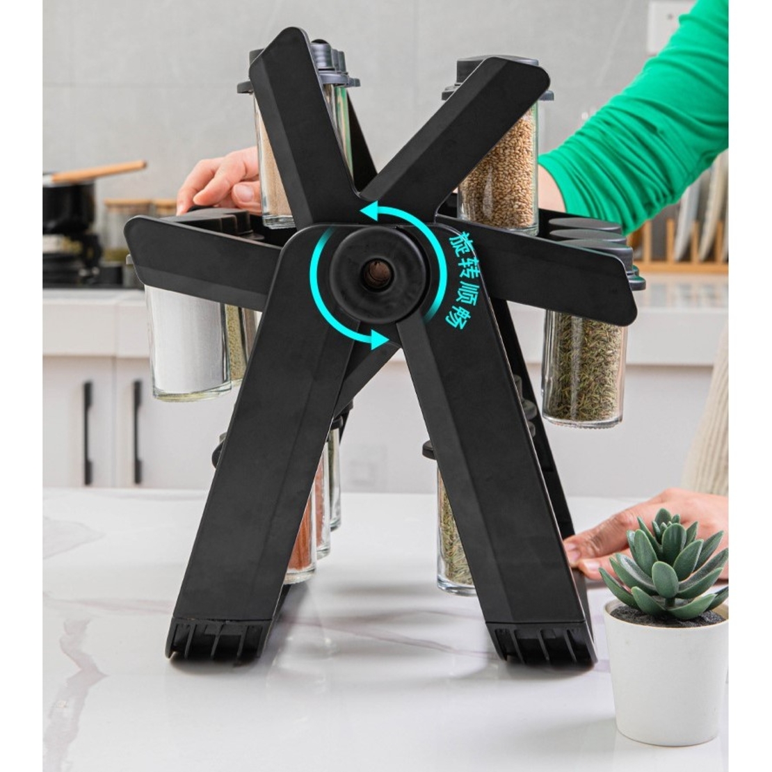 Suport Pentru Condimente Rotativ, Flippy, Multifunctional, Pivotant 360°, Portabil, Usor de Montat, 34x23 cm, ABS/Sticla, Negru