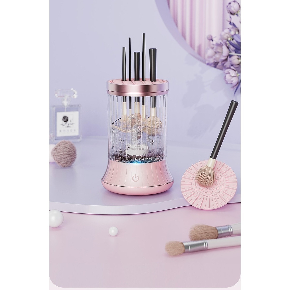 Dispozitiv Portabil de Curatare a Pensulelor de Machiaj, Flippy, pentru Pensule de Diferite Dimensiuni, 5V, 7000RPM, Vibratii Sonice, USB Type C, 9x9x16 cm, Roz