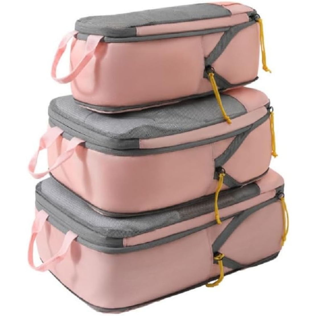Set 3 Genti de Calatorie Flippy, Pentru Depozitare, Compresibile, 3 Dimensiuni, Mic, Mediu, Mare, Impermeabile, Fermoar Dublu, Roz