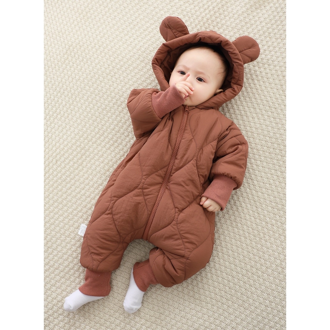 Combinezon de Iarna, Flippy, pentru Bebelusi, din Bumbac, cu Urechi, Mansete Elastice, Unisex, 73 cm, Visiniu