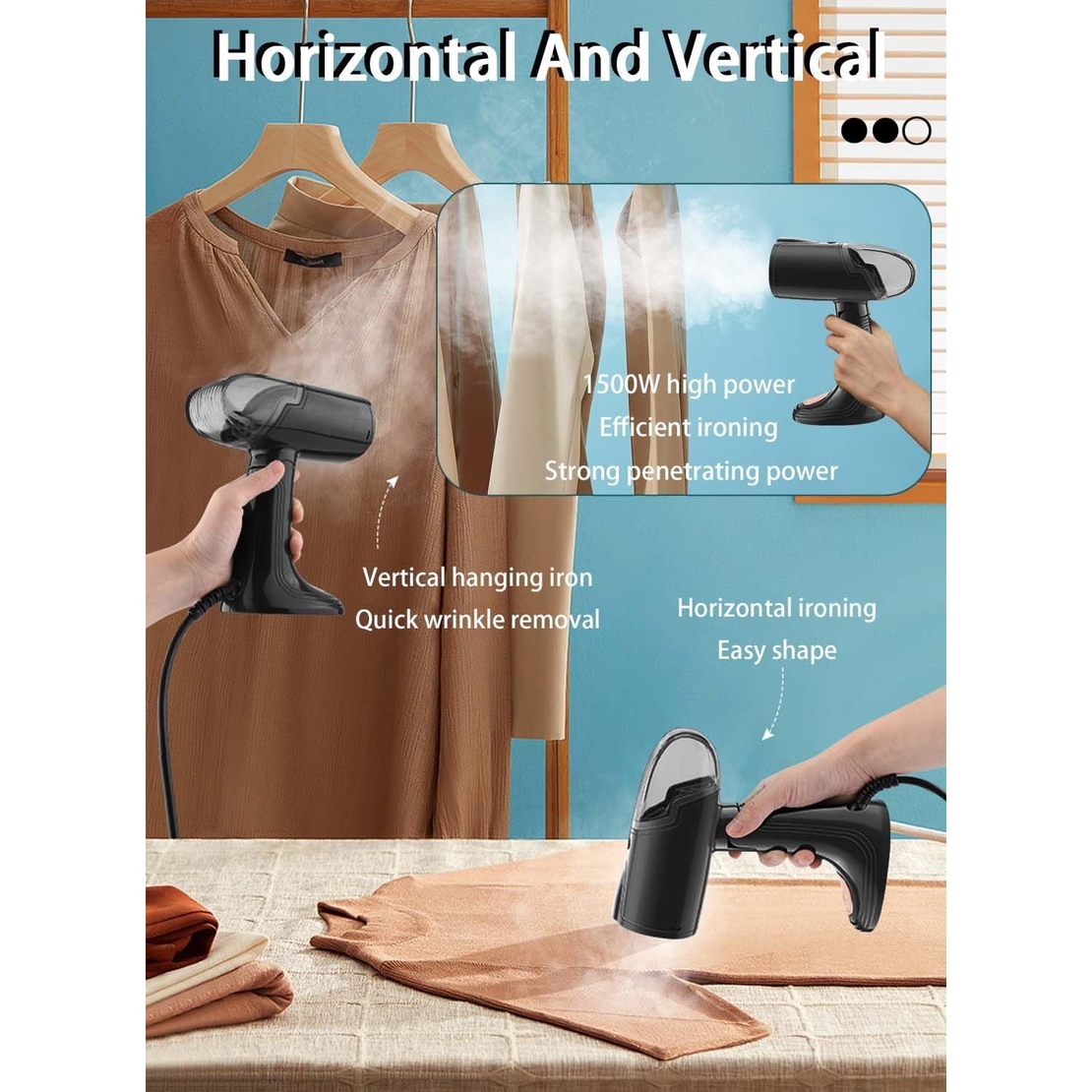 Aparat de Calcat Vertical Portabil cu Abur, Flippy, Putere 1500W, Rezervor Detasabil de 138ml, Priza, Functie Anti Calcar si Auto Curatare, Pliabil, cu Perie, 20x10.5x8 cm, Negru