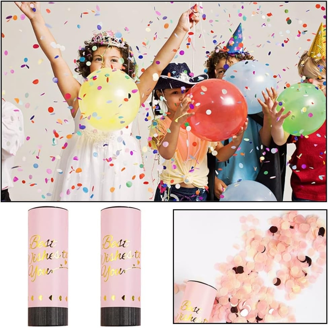 Tun de Confetti, Flippy, Best Wishes 11 x 4 cm, Model Buline din Hartie si Folie, Roz