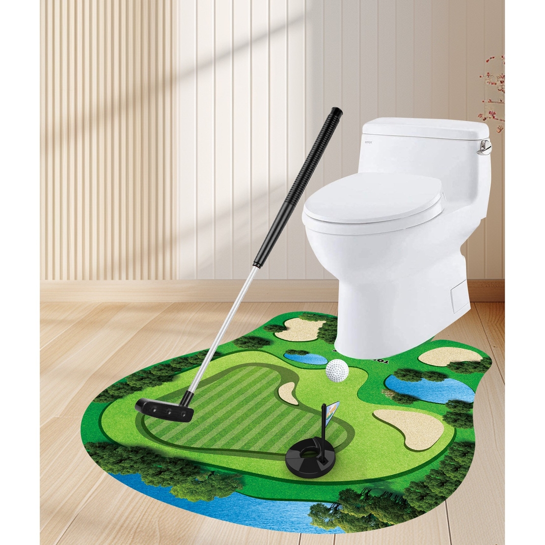 Covoras de Baie, Flippy, Model Teren de Golf, Interactiv, +14 Ani, din PVC, 80 x 69 cm, Verde
