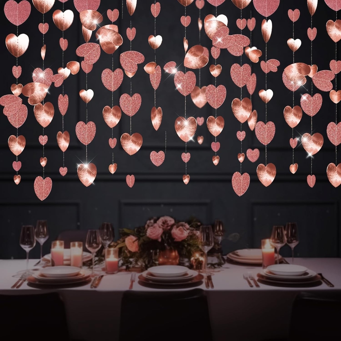 Banner cu Inimioare, Flippy, Tip Franjuri, 4 m, Rola de Ata Inclusa, Roz cu Sclipici