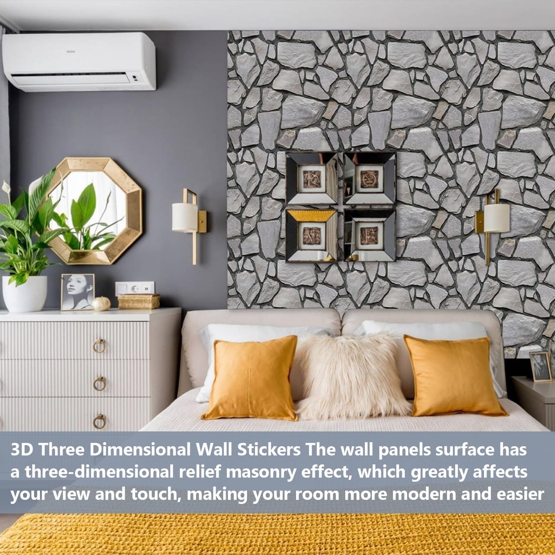 Set 10 x Placi Tapet Autocolant 3D cu Imitatie de Pietre, pentru Perete Bucatarie Sufragerie, Usor de Curatat, Rezistent la Apa, Autoadeziv, 30x30 cm, Gri