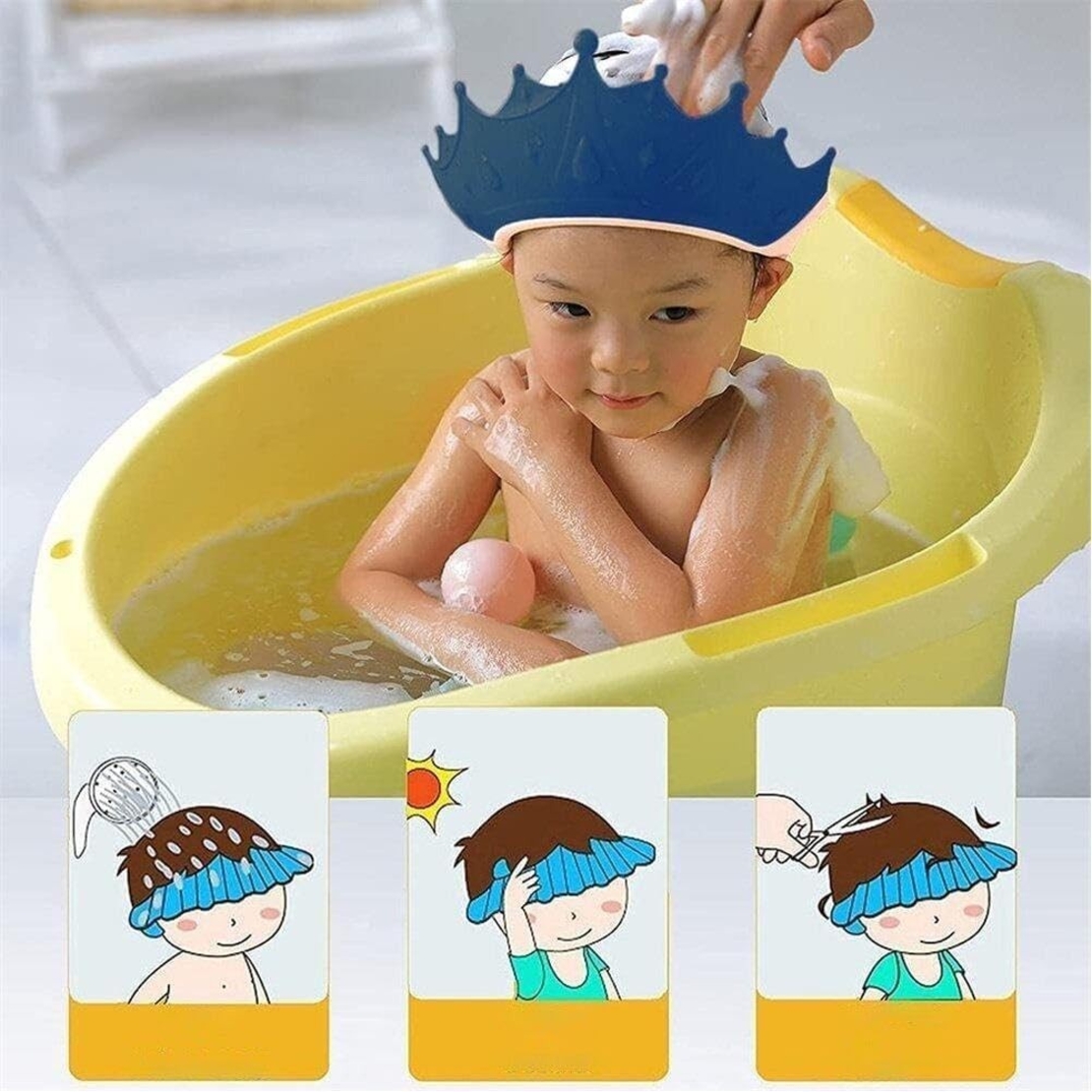 Viziera de Protectie Baie Pentru Copii, Fippy, Model Coroana, Dimensiune ajustabila, Durabil, Usor de curatat, Impotriva Samponului, pentru Ochi si Urechi, TPE+PP, 15x13 cm, Albastru Inchis